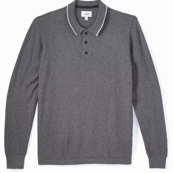 Huckberry Wills Cashmere Cotton Long Sleeve Polo Sweater, Ash XL - Picture 1 of 5